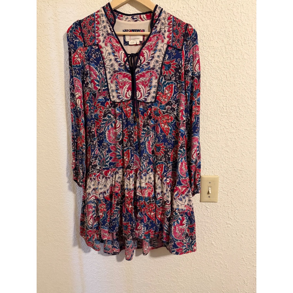 Anthropologie Paisley Floral Tiered Shift Dress‎ Blue Pink Small Mini Boho - Picture 8 of 9